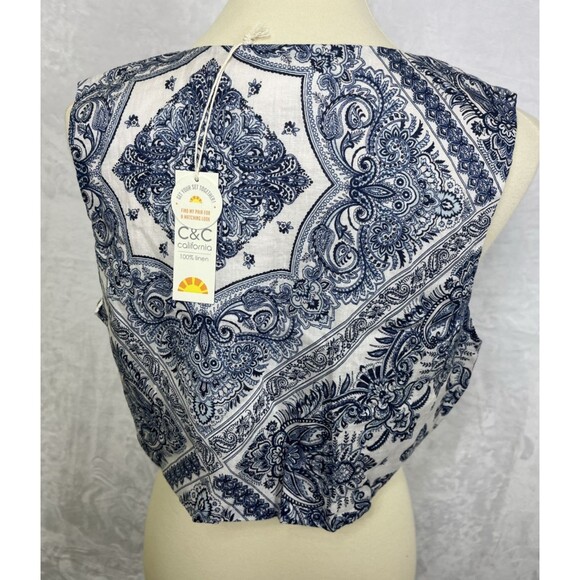 C&C California Twist Front Crop Top 100% Linen Blue Ivory Size XL NEW - Picture 5 of 8